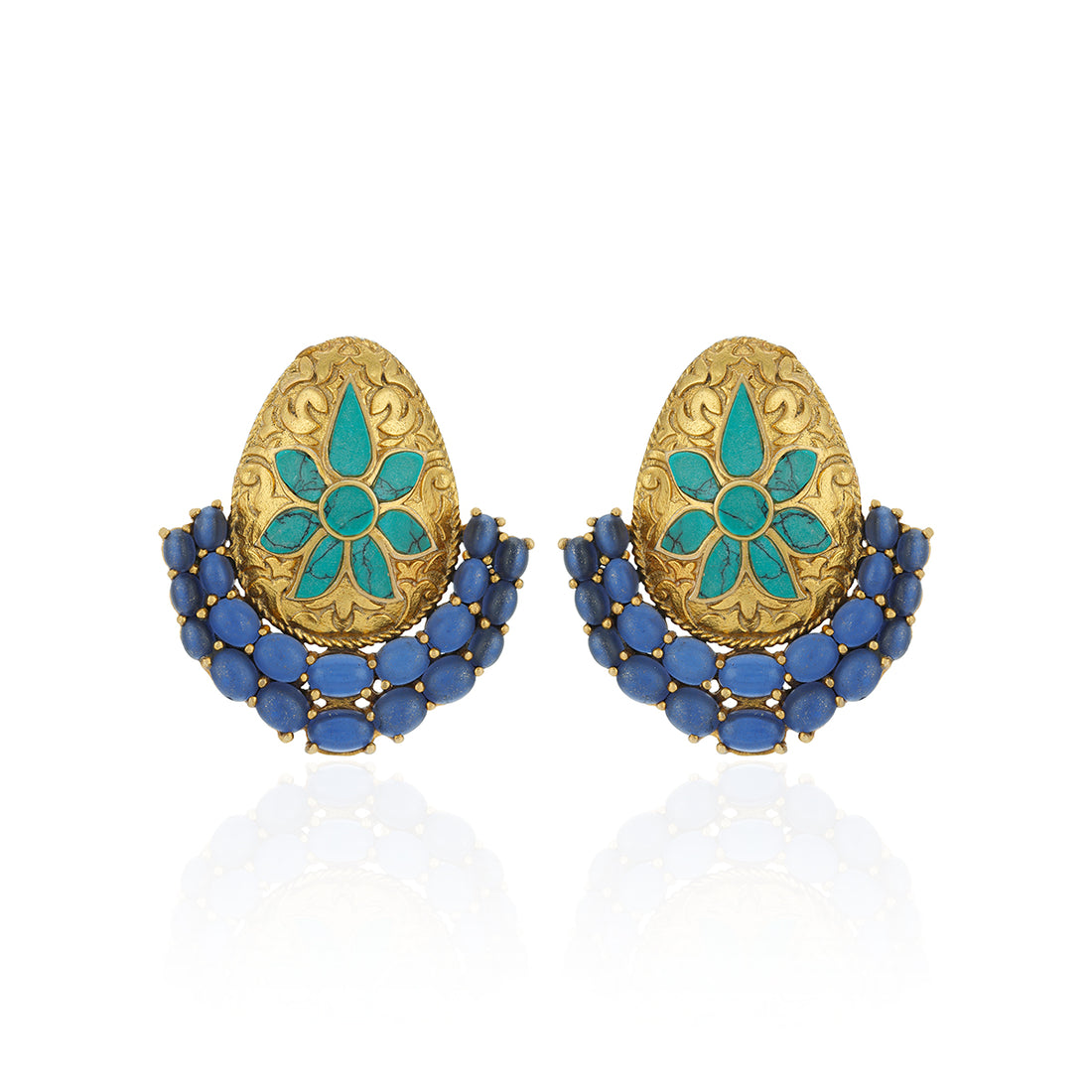 Pair of gold and blue earrings with floral design on a white background