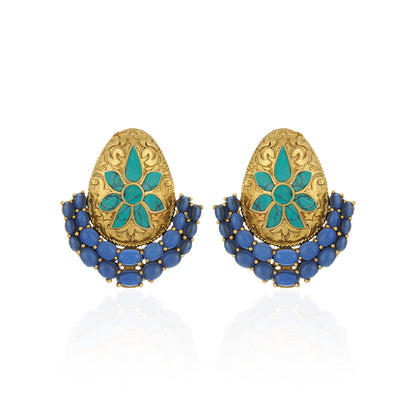 Pair of gold and blue earrings with floral design on a white background