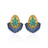 Pair of gold and blue earrings with floral design on a white background