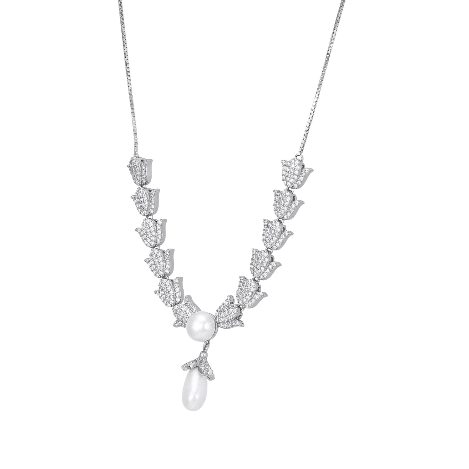 925 Sterling Silver Pave Tulip Collar Lustrous Pearl Drop Necklace for Women