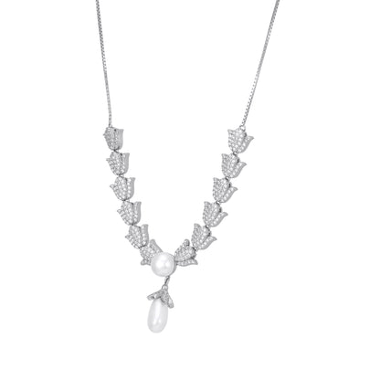 925 Sterling Silver Pave Tulip Collar Lustrous Pearl Drop Necklace for Women