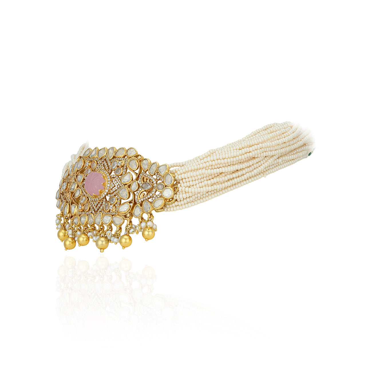 Gold-plated 925 silver pearl choker with Polki stones and floral design, ideal for weddings and festive wear.