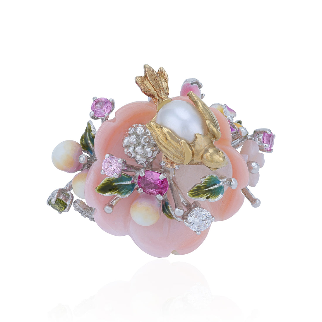 925 Sterling Silver Pink Bloom Bird Pearl Cluster Rings For Women