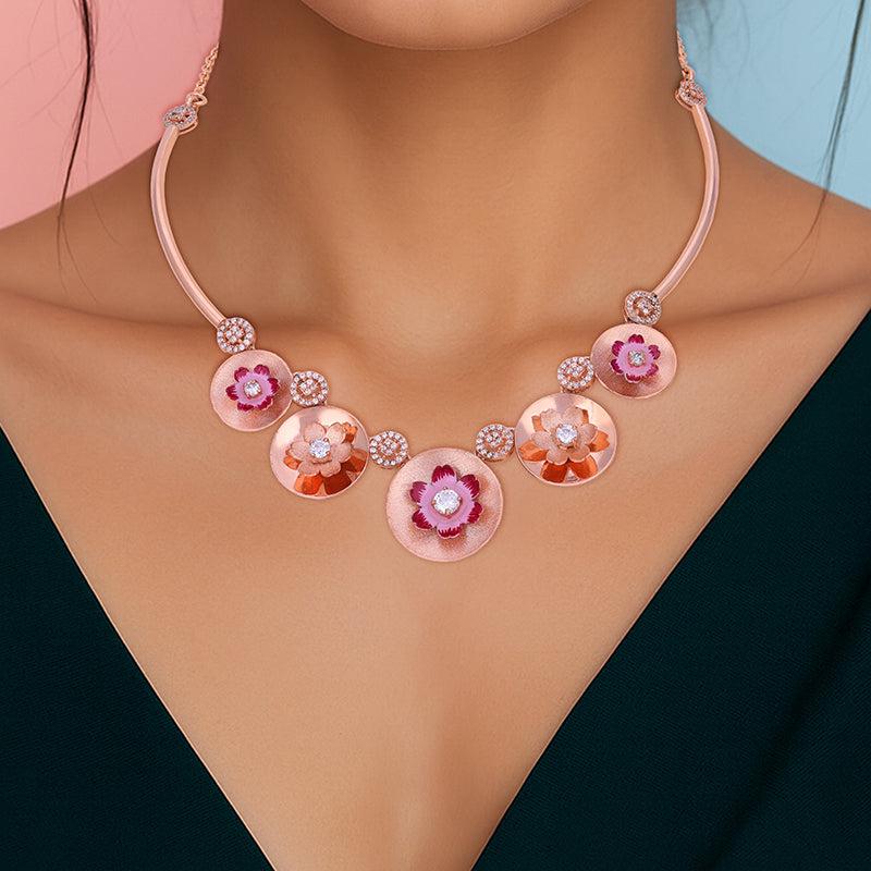 925 Sterling Silver Radiant Enamel Floral Sweep Necklace For Women