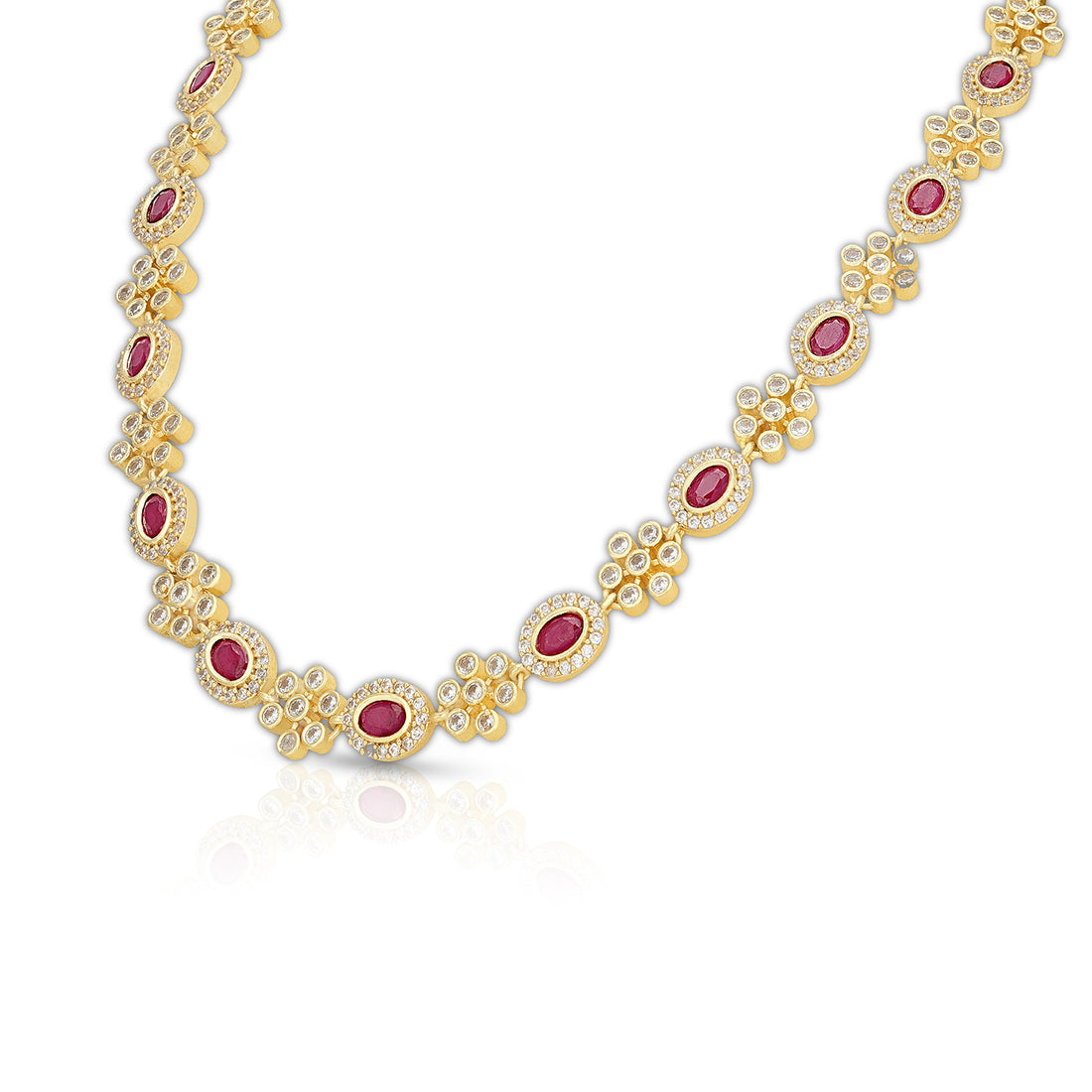 925 Sterling Silver Radiant Ruby Crystal Flower Link Necklace for Women