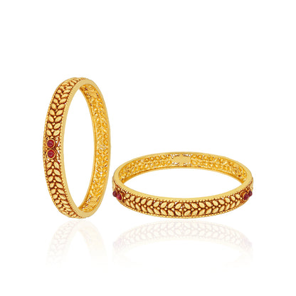 925 Sterling Silver Raised Leaf Motifs Twin Red Accents Gold Plated Bangles for Women