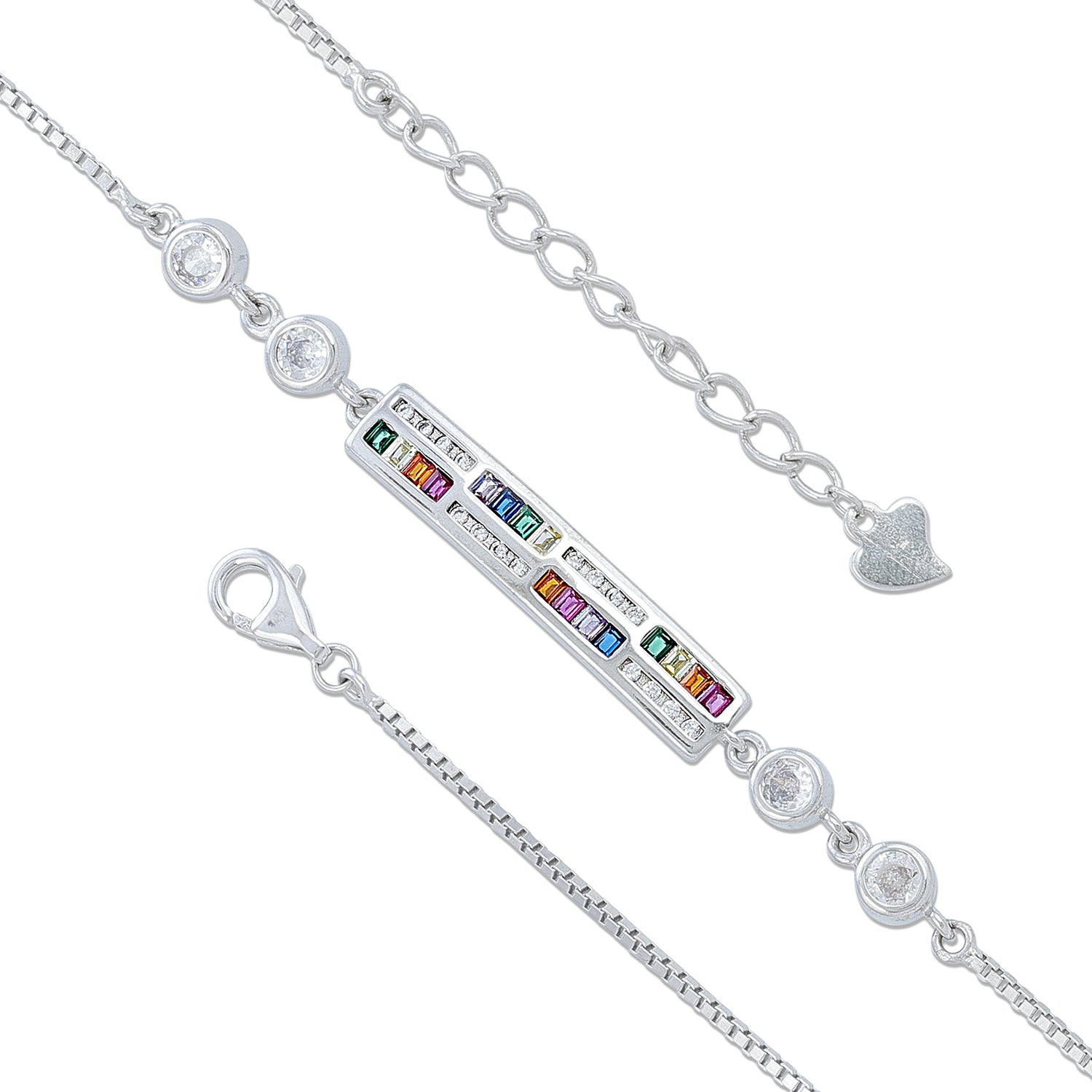925 Sterling Silver Rectangular Multicolor Stone Bar Bracelet for Women