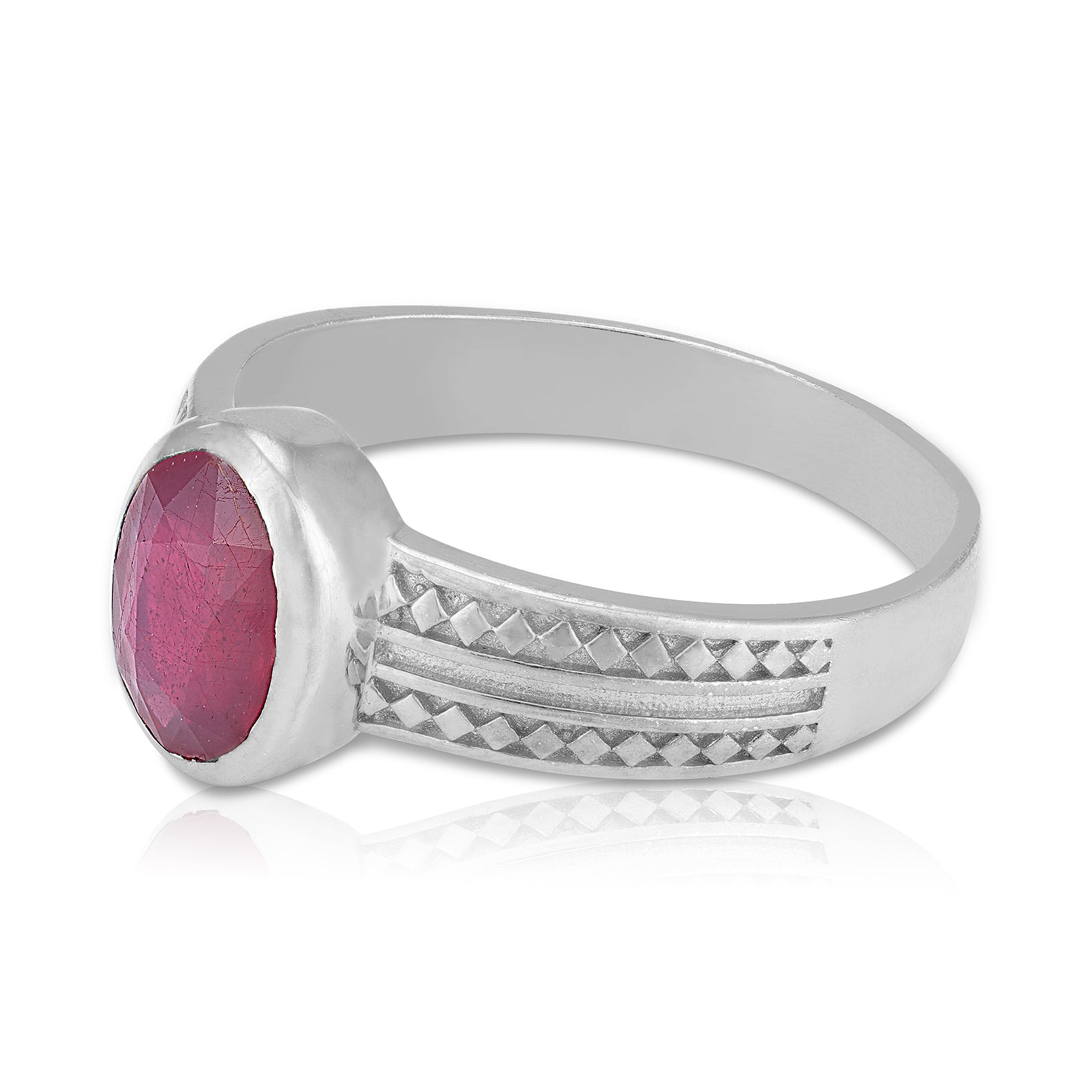 925 Sterling Silver Regal Ruby Gemstone Twin-Lined  Band Embossed Diamond-Cut Pattern Ring for Men