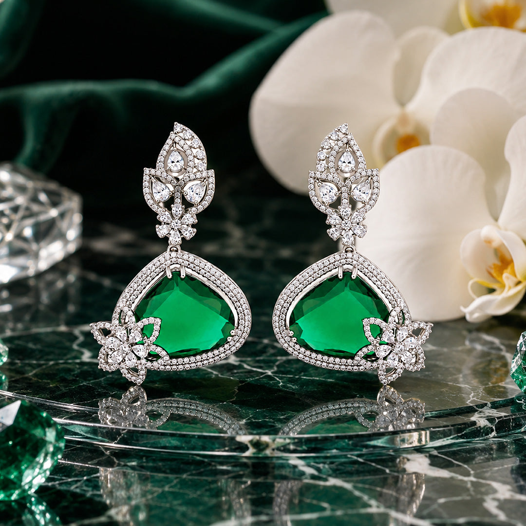 925 Sterling Silver Rhodium Green Earring