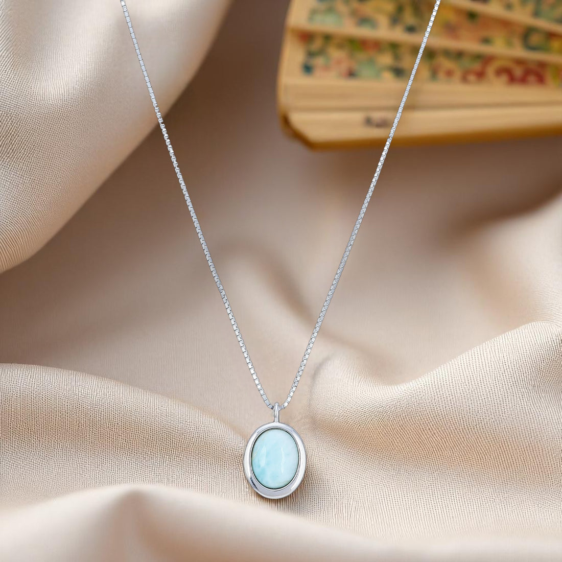 925 Sterling Silver Rhodium Plated Blush Larimar Oval Stone Pendant for Women