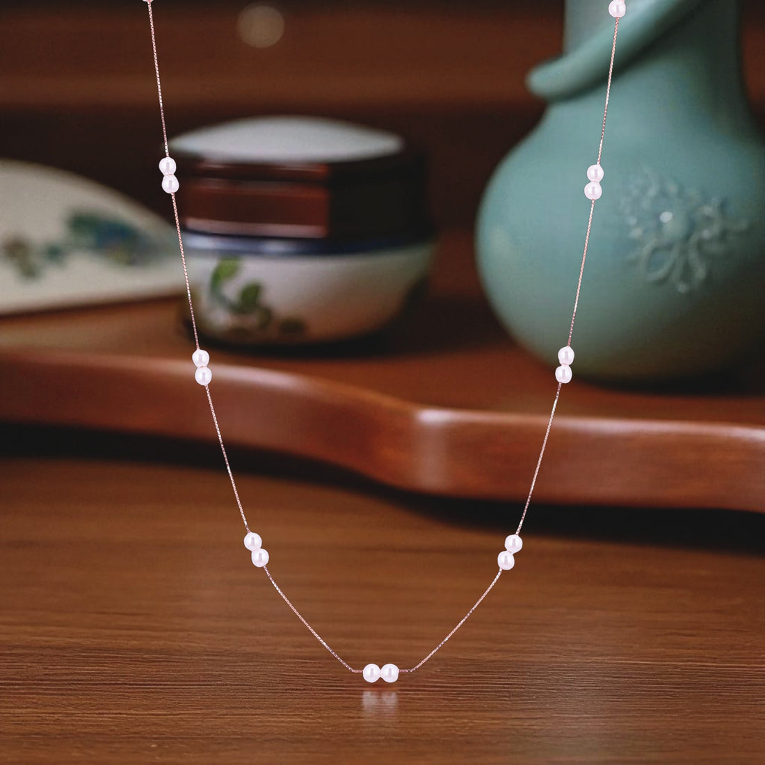 925 Sterling Silver Ros  Duet Pearl Strand Chain For Women