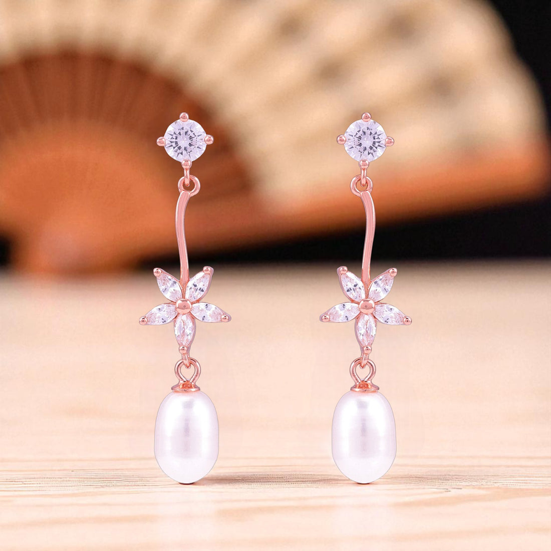 925 Sterling Silver Rose Gold Floral Spiral Pearl Danglers for Women