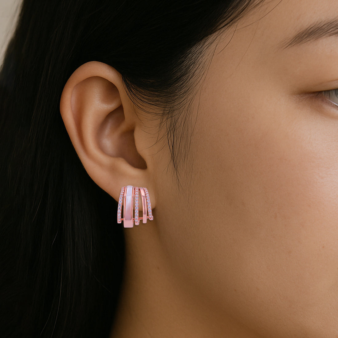 925 Sterling Silver Rose Gold Overlapping Hoop Pearl Detail Stoned Earrings for Women