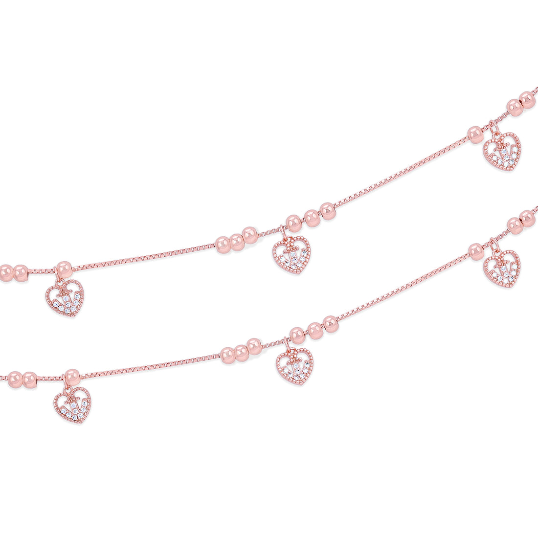 925 Sterling Silver Rose Gold Plated Heart Drop Charm Bracelet for Women