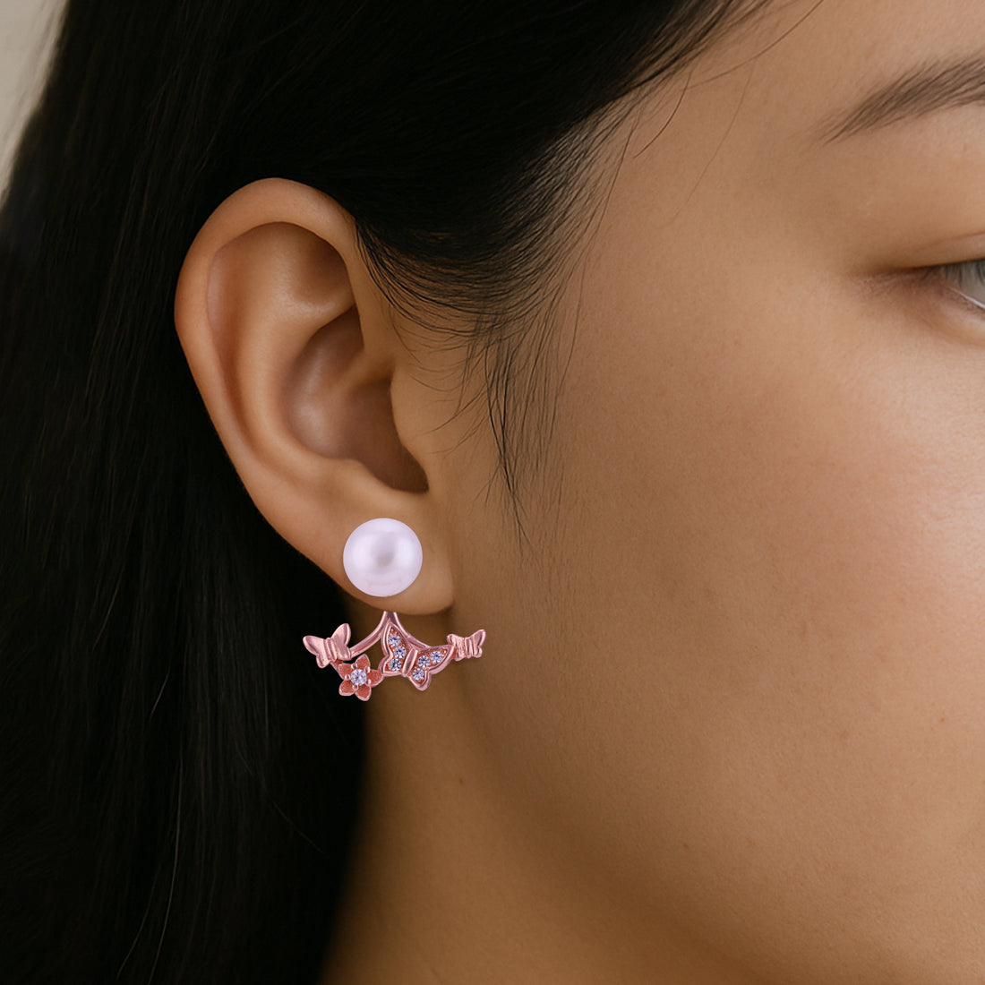 925 Sterling Silver Rose Gold Plated Triple Butterfly Pearl Earring for Women