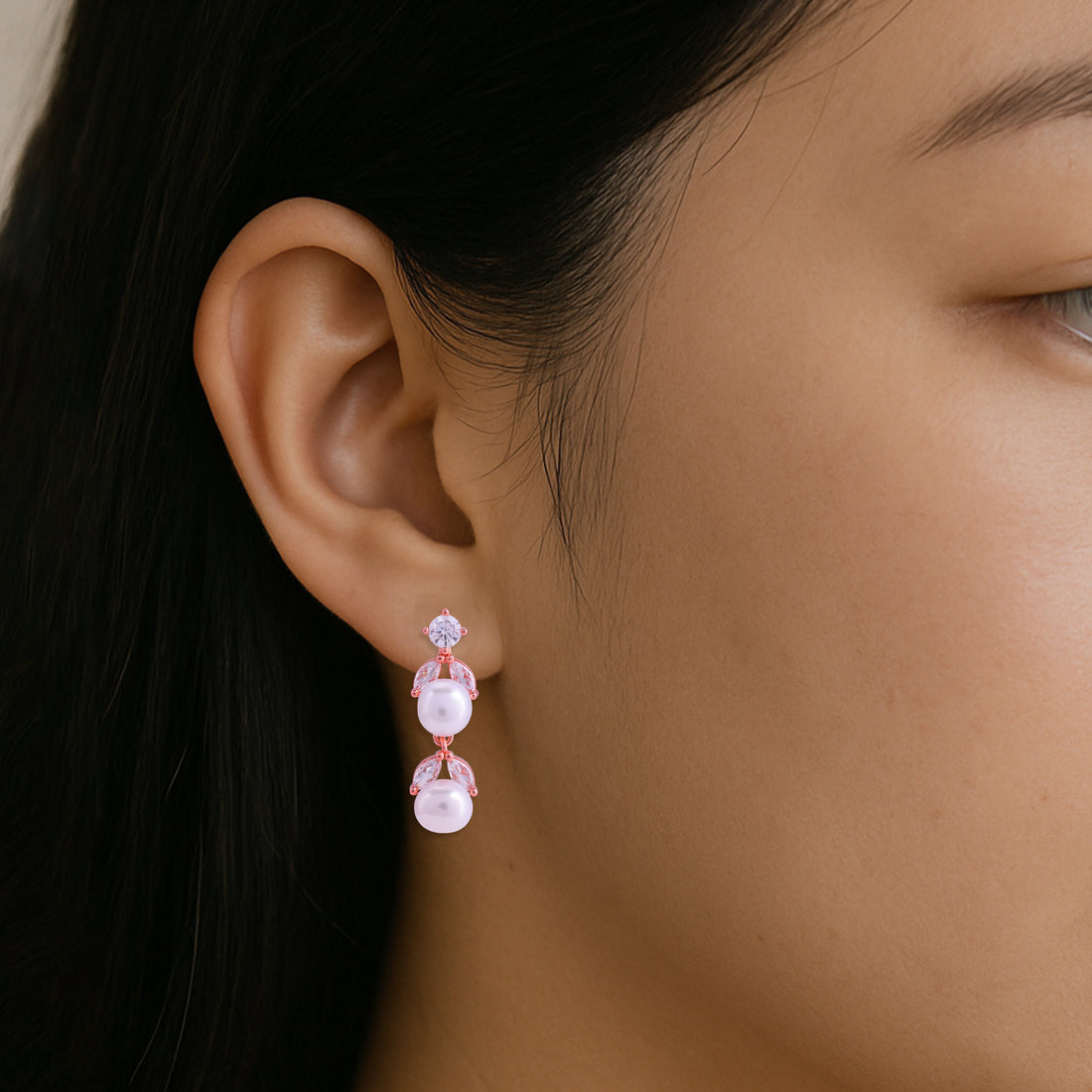 925 Sterling Silver Rose Gold Twin Pearl  Marquise-Cut Crystal Earrings for Women