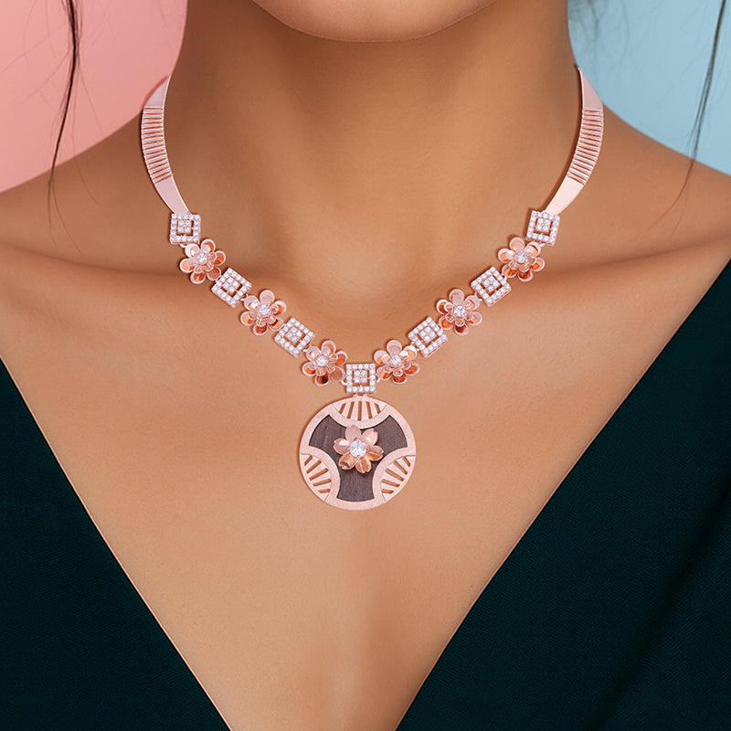 925 Sterling Silver Rosegold Radiant Geometry Floral Necklace For Women