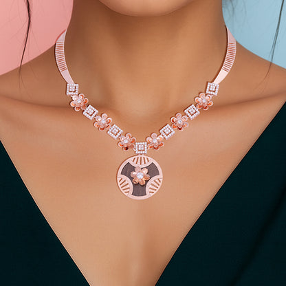 925 Sterling Silver Rosegold Radiant Geometry Floral Necklace For Women