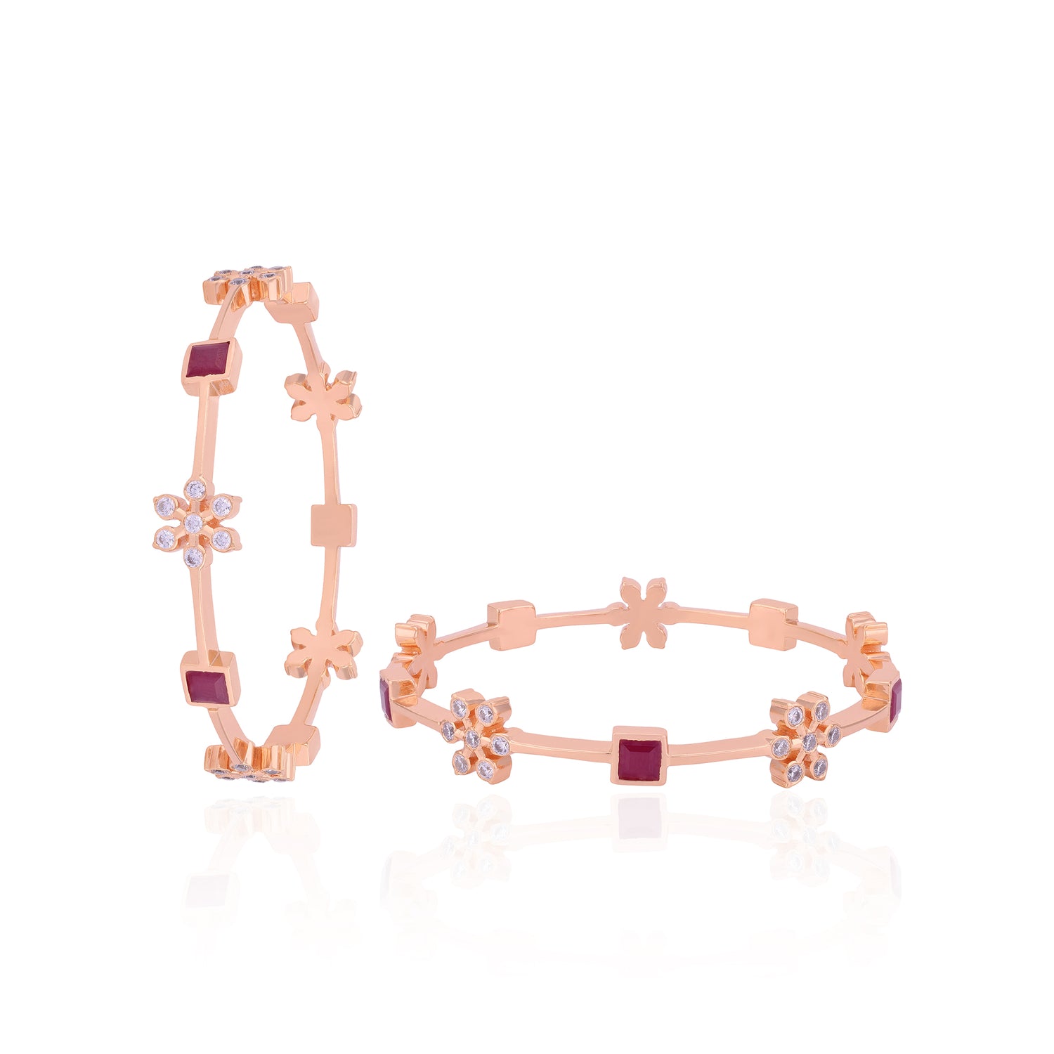 925 Sterling Silver Rosegold Ruby Petal Accent Bangle For Women