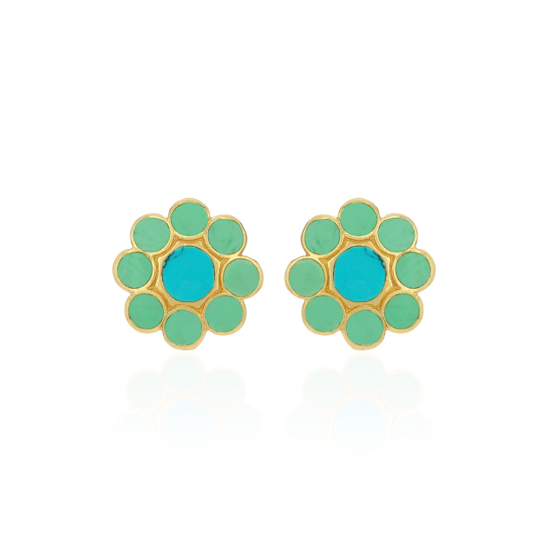 Pair of green and turquoise floral earrings on a white background
