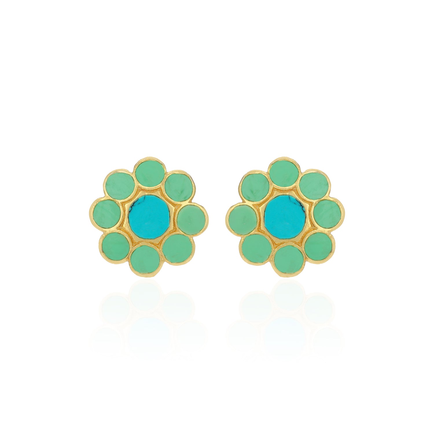 Pair of green and turquoise floral earrings on a white background