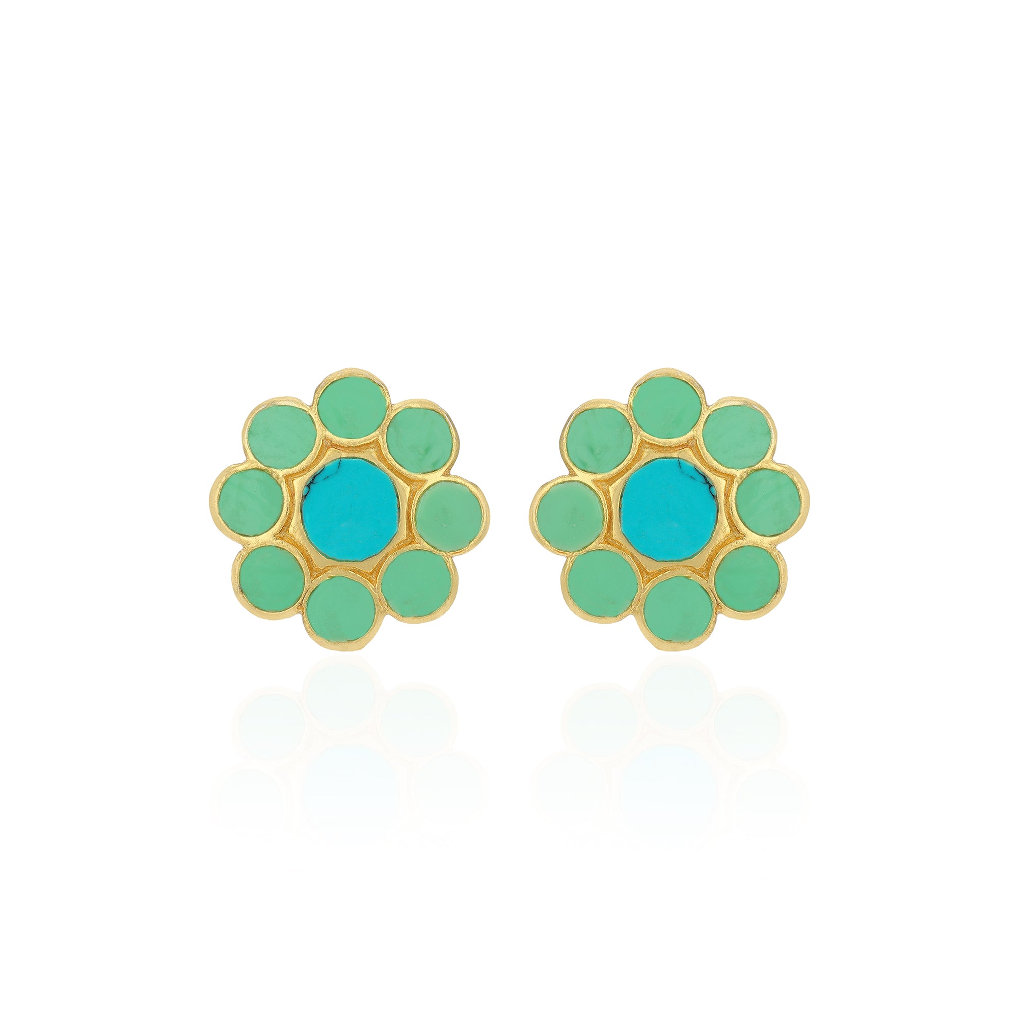 Pair of green and turquoise floral earrings on a white background