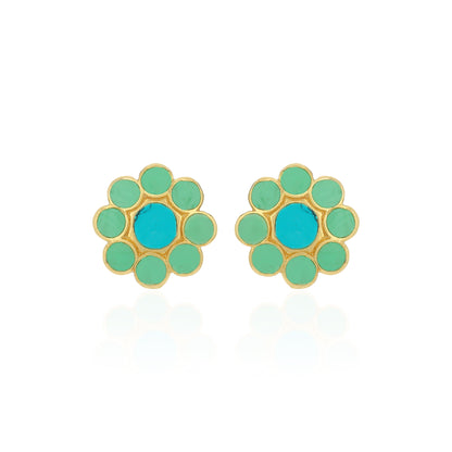Pair of green and turquoise floral earrings on a white background