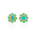 Pair of green and turquoise floral earrings on a white background