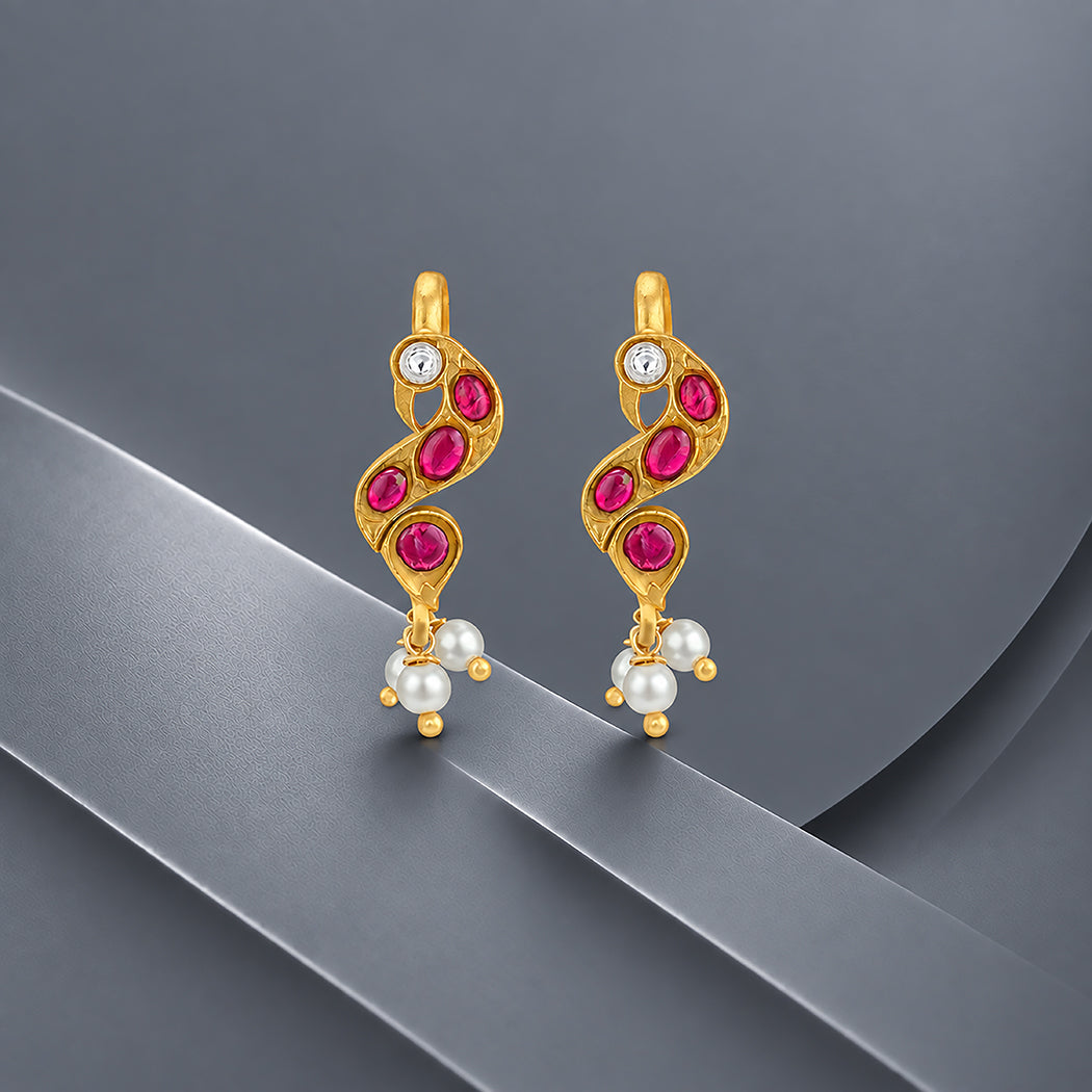 925 Sterling Silver Ruby Curve Pearl Drop Second Stud for Women