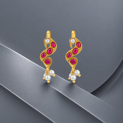 925 Sterling Silver Ruby Curve Pearl Drop Second Stud for Women