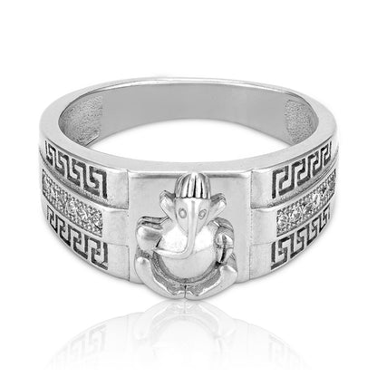 925 Sterling Silver Sacred Ganesha Embossed with Geometric Side Pattern Ring for Men