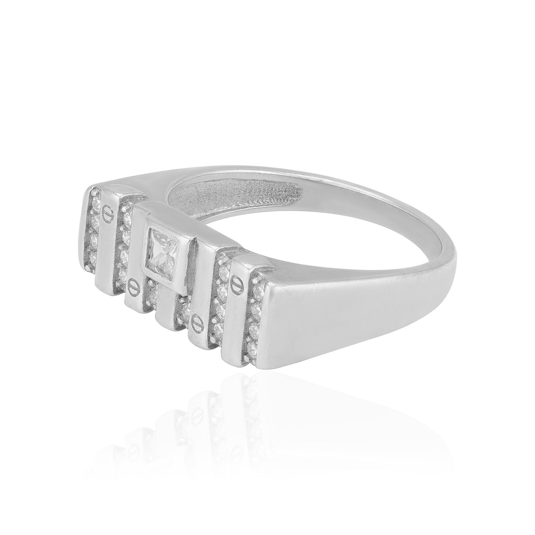 925 Sterling Silver Screw Accent Diamond Panel Rhodium Plated Ring for Men