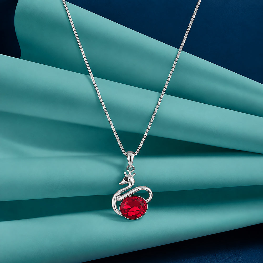 925 Sterling Silver Sculpted Swan Ruby Center Oval Chain Pendant for Women