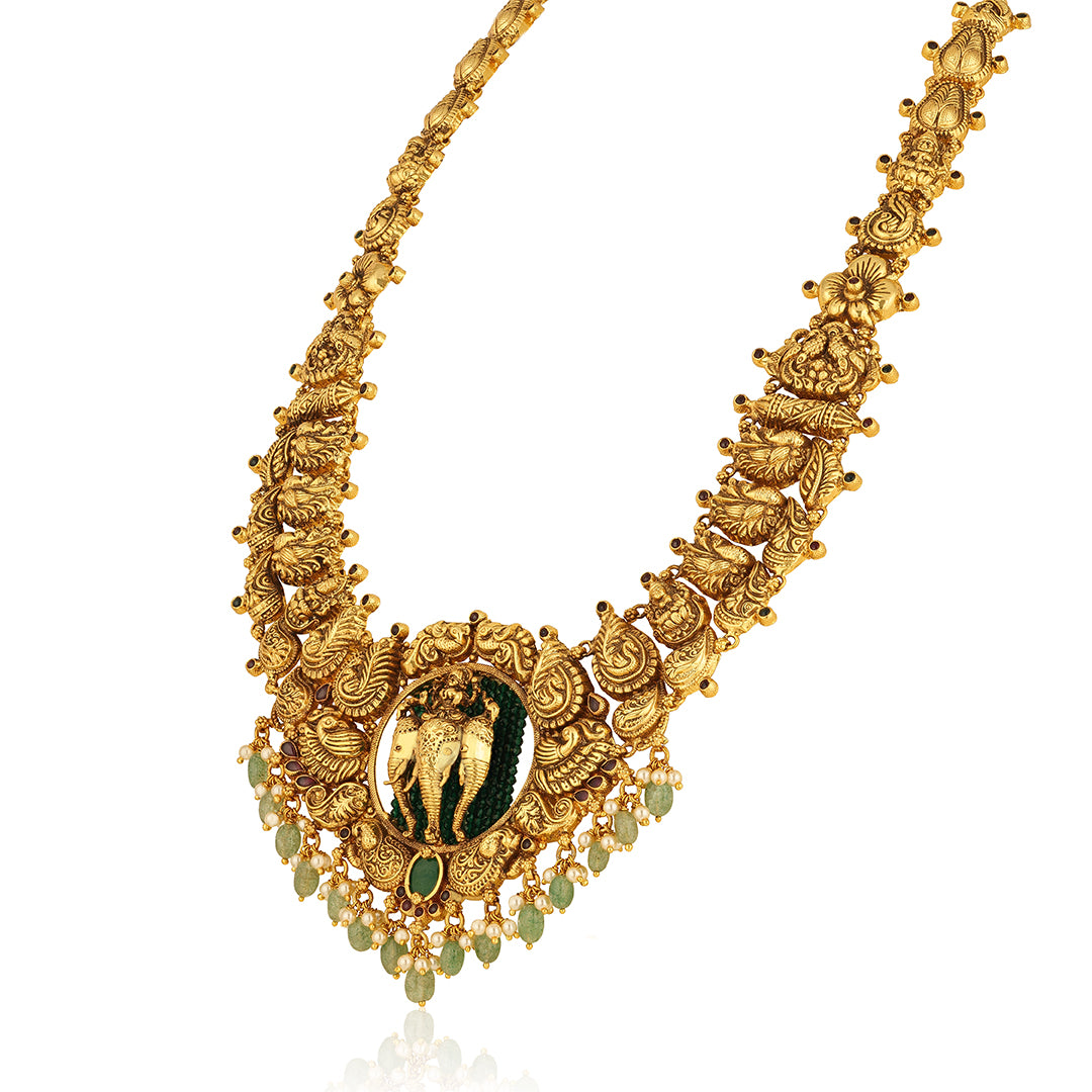 925 Sterling Silver Traditional Aesthetic Tri Elephant Face Centre Haram For Women