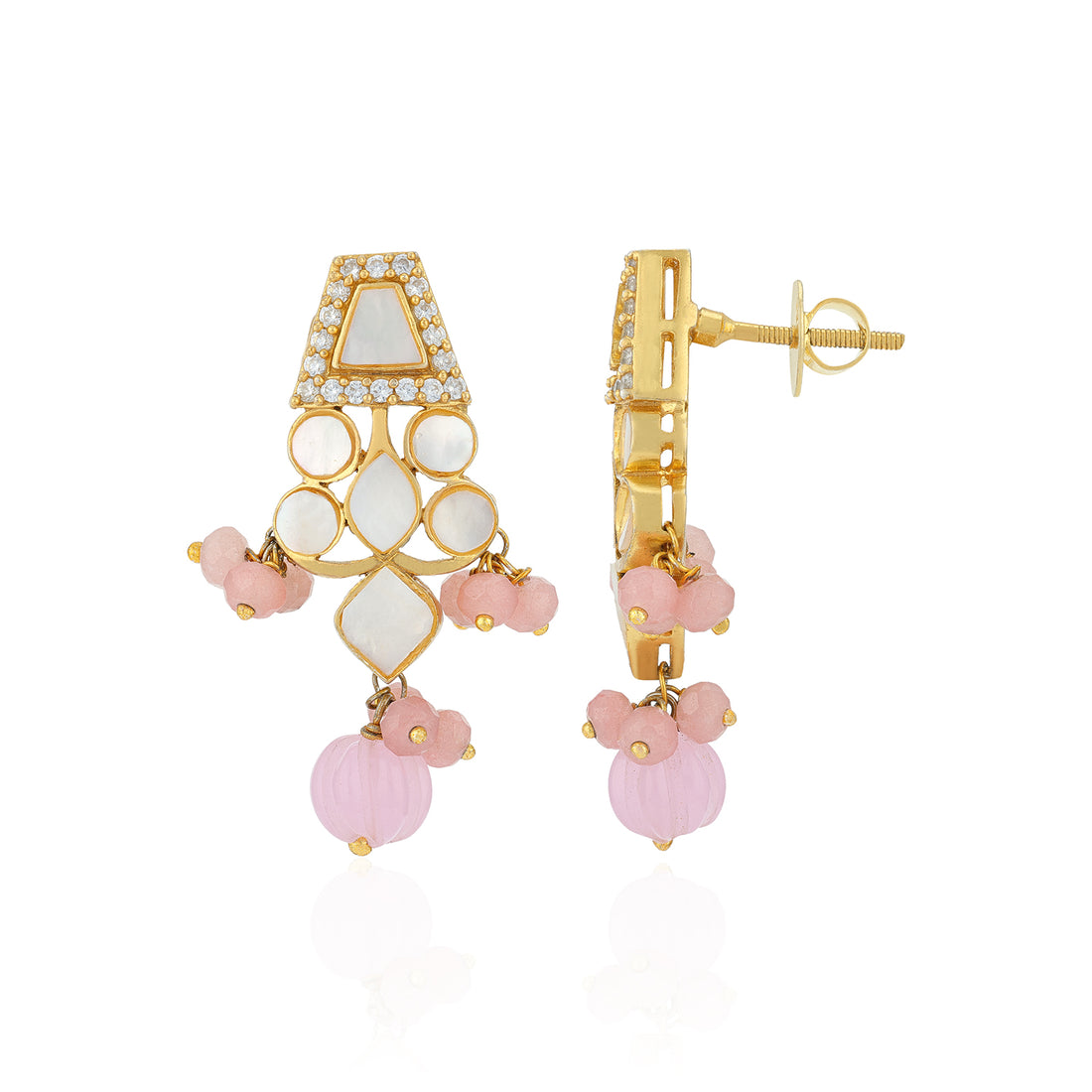Gold and pink earrings on a white background