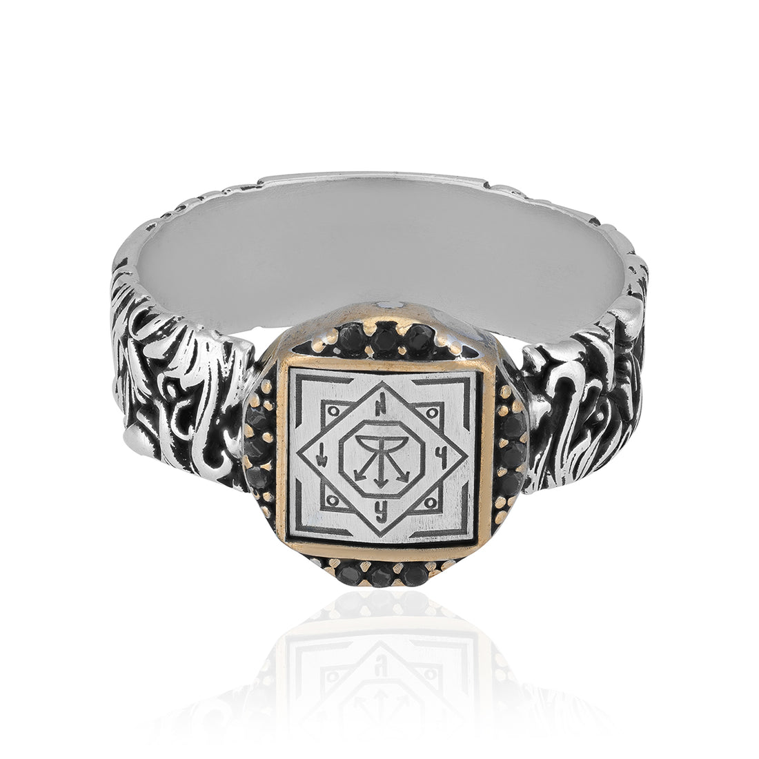 925 Sterling Silver Vedic Seal Shield Rhodium Plated Ring for Men