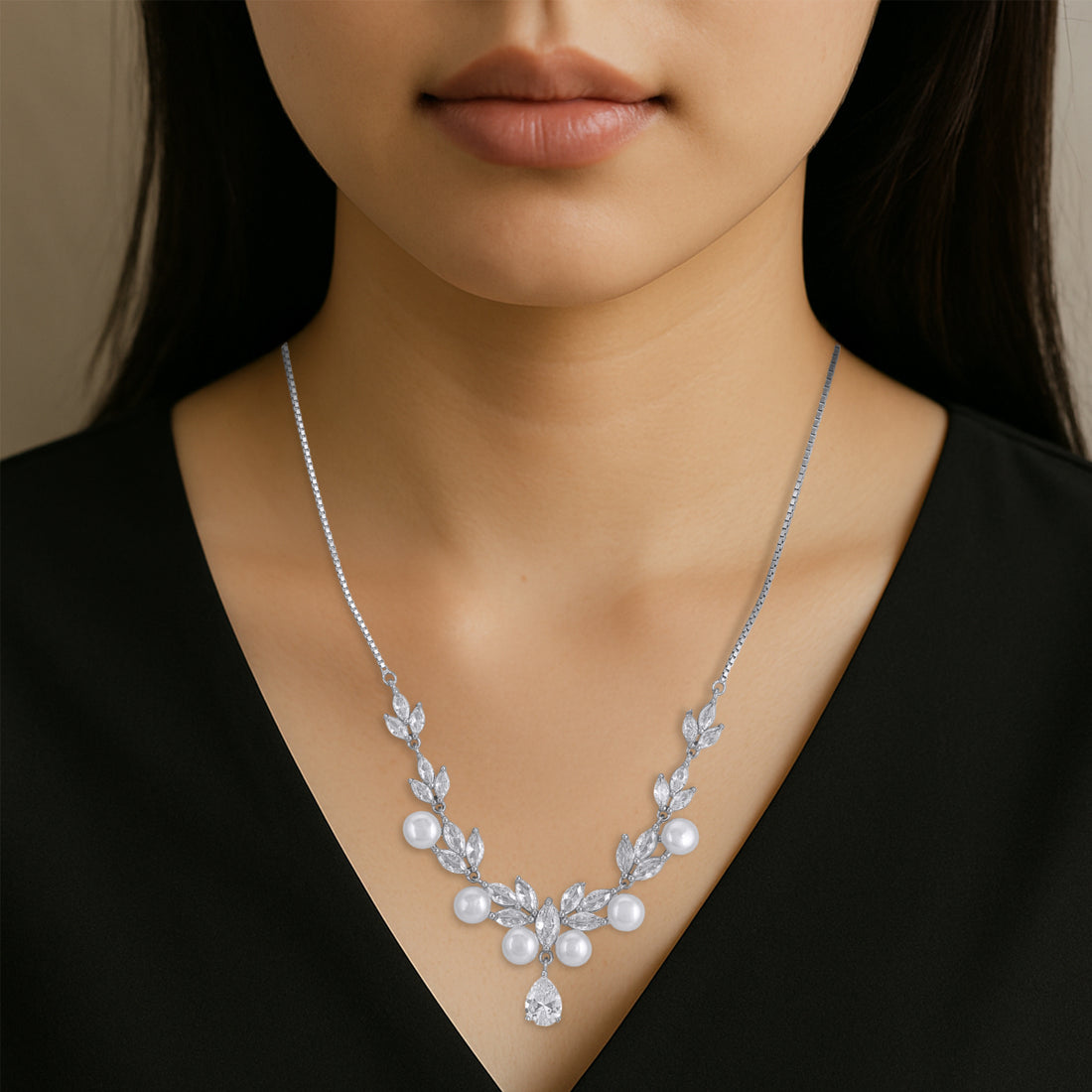 925 Sterling Silver White Rhodium Leafy Pearl Tear Drop Necklace for Women