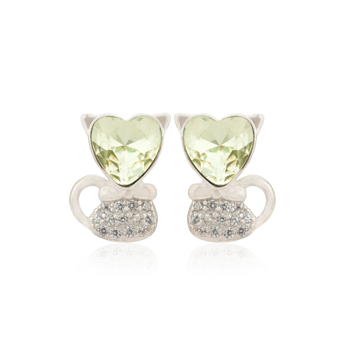 925 Adorable Heart Head Rhodium Plated Kitty Cat Studs