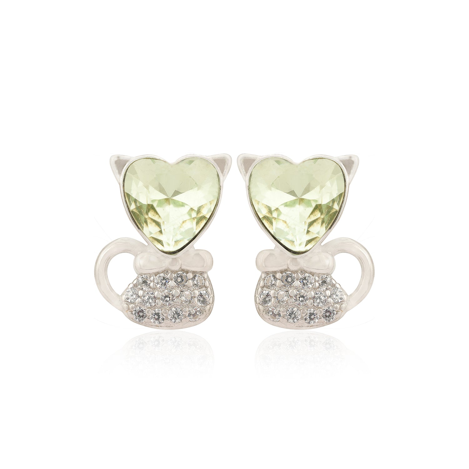 925 Adorable Heart Head Rhodium Plated Kitty Cat Studs