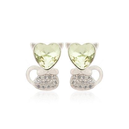 925 Adorable Heart Head Rhodium Plated Kitty Cat Studs
