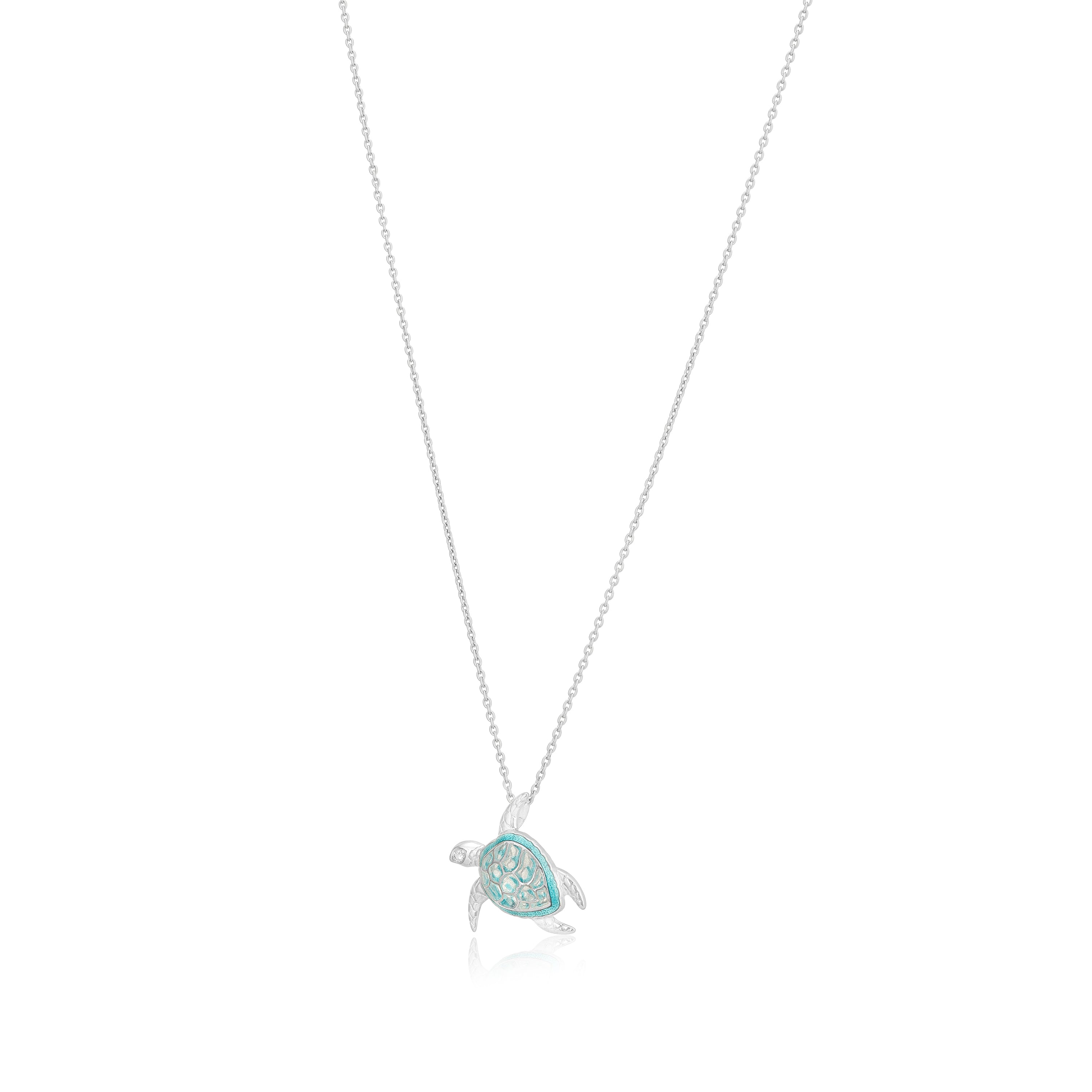 925 Aqua Shell Turtle 925 Rhodium Plated Chain Pendants