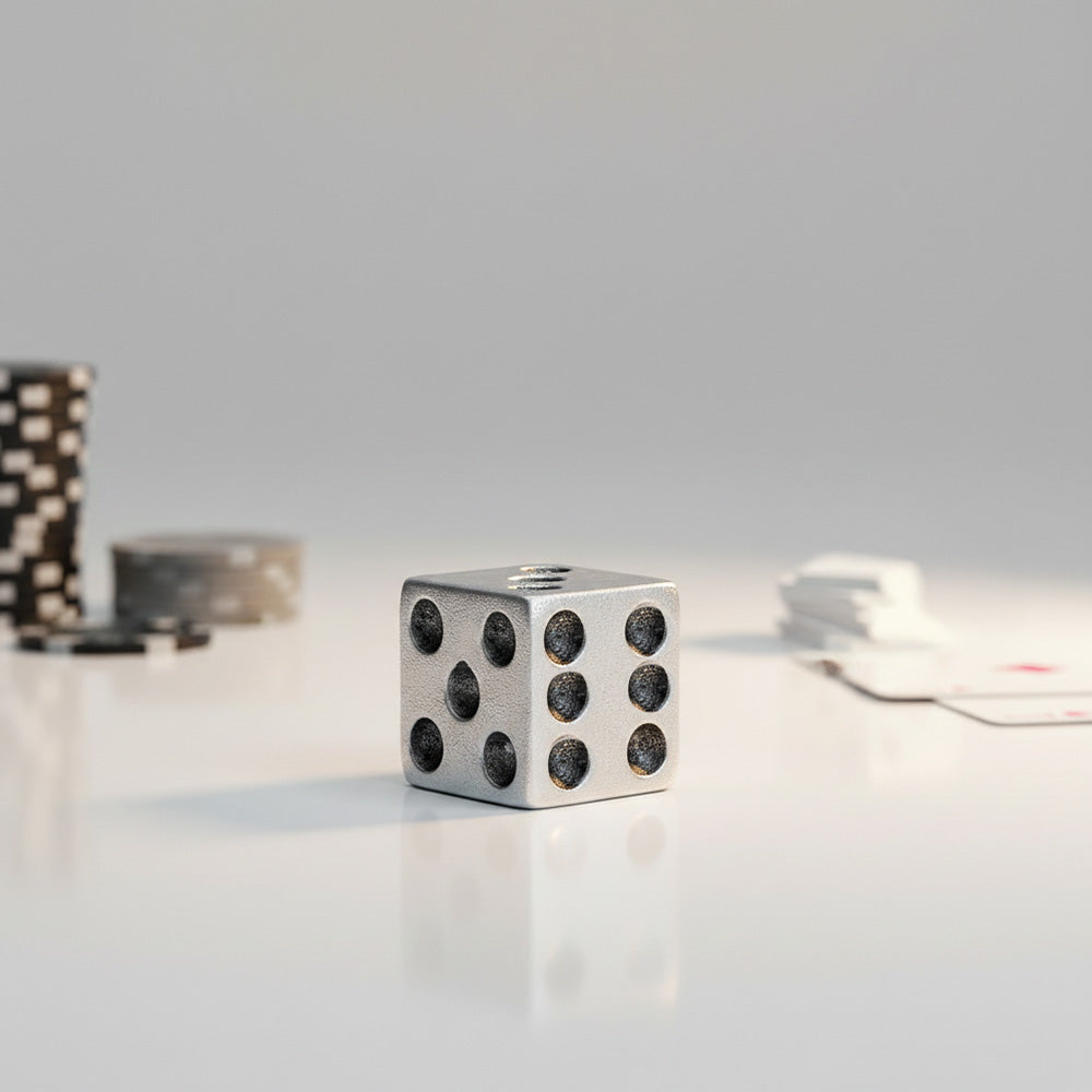 Silver die with black dots on a light gray surface
