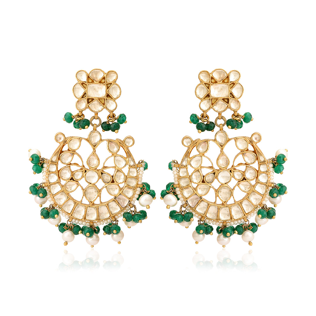925 Chandbali  Green Beads Silver Earrings