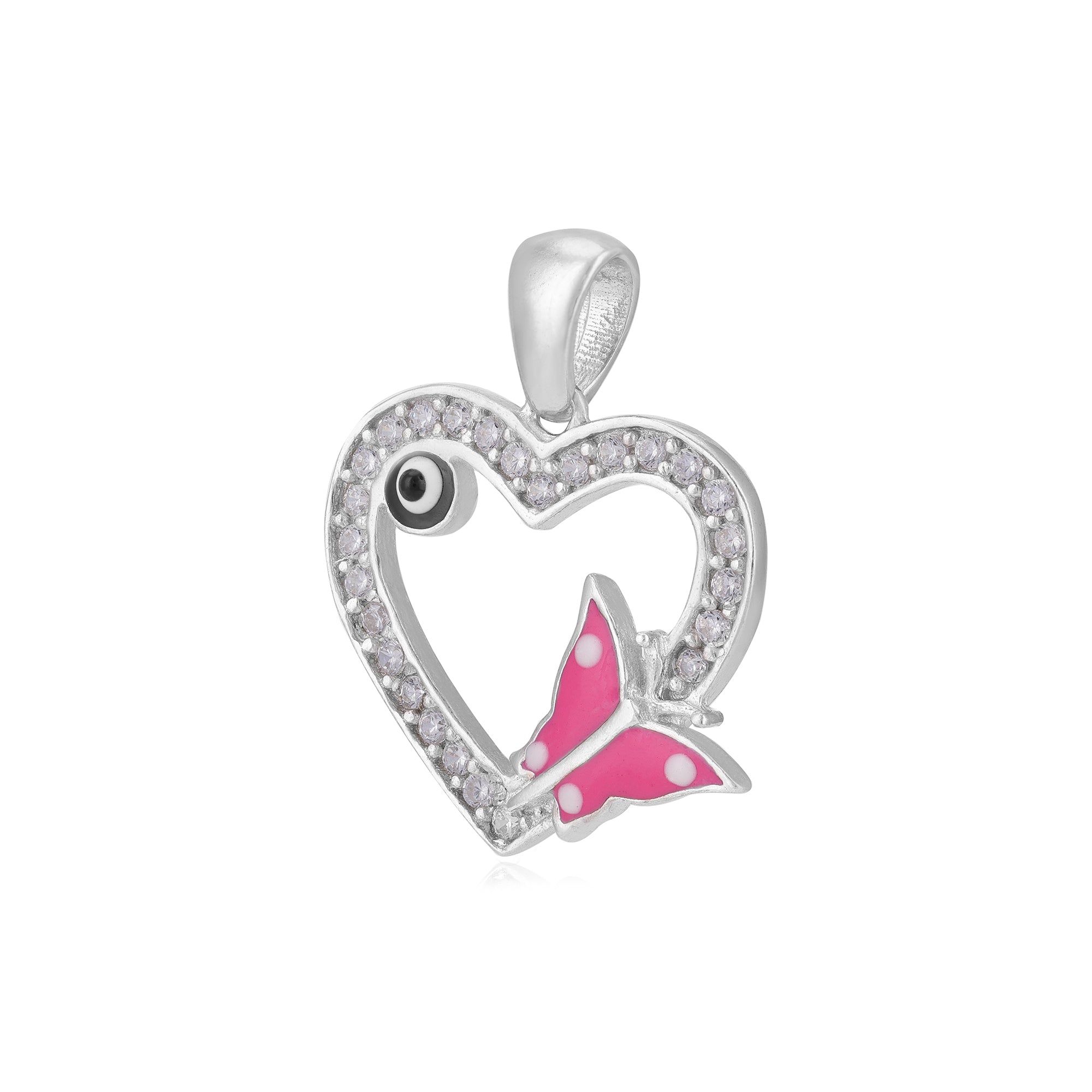925 Charmed Pink Butterfly Rhodium Plated Evil Eye Heart Pendants