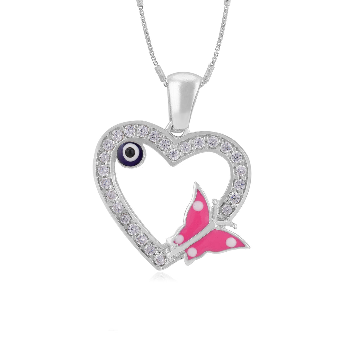 Charmed Pink Butterfly Rhodium Plated Evil Eye Heart Pendants
