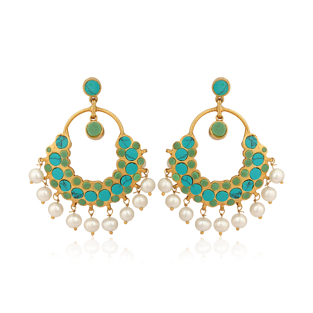925 Classic Chandbali Turquoise Pearl Silver Earrings