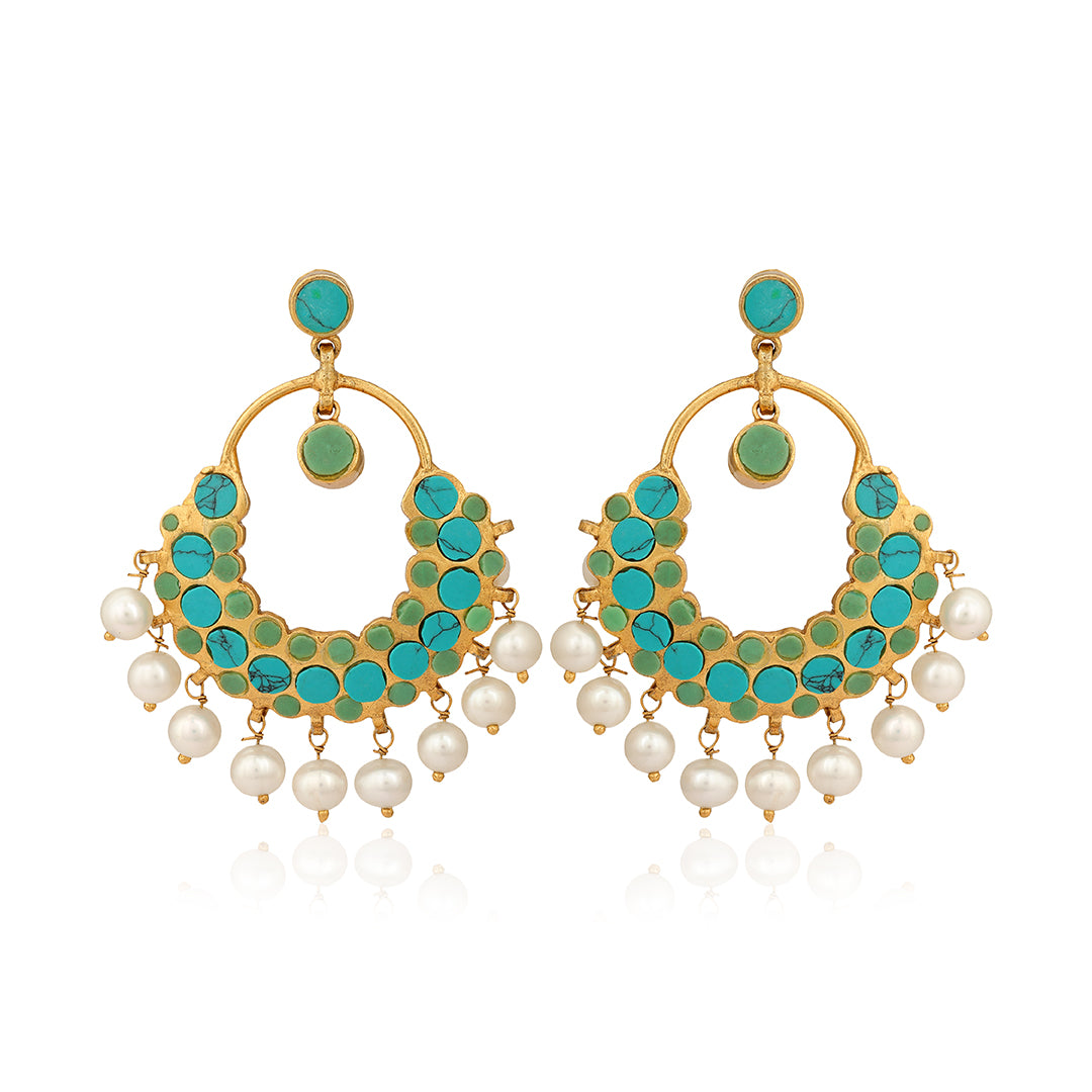 925 Classic Chandbali Turquoise Pearl Silver Earrings