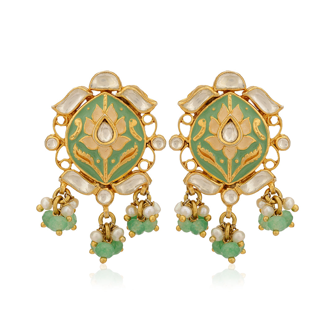 925 Dazzling Polki Green Beads Silver Earrings