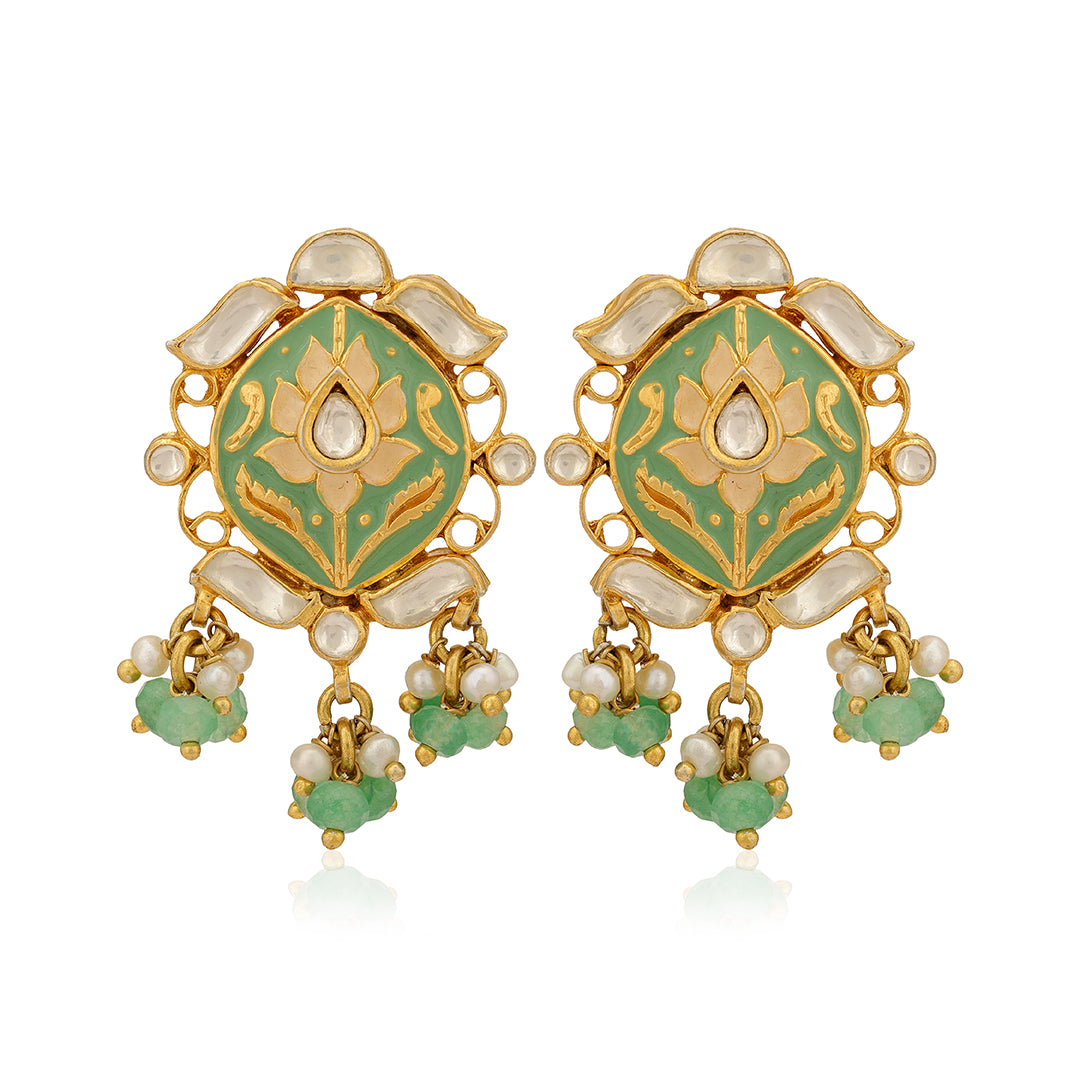 925 Dazzling Polki Green Beads Silver Earrings