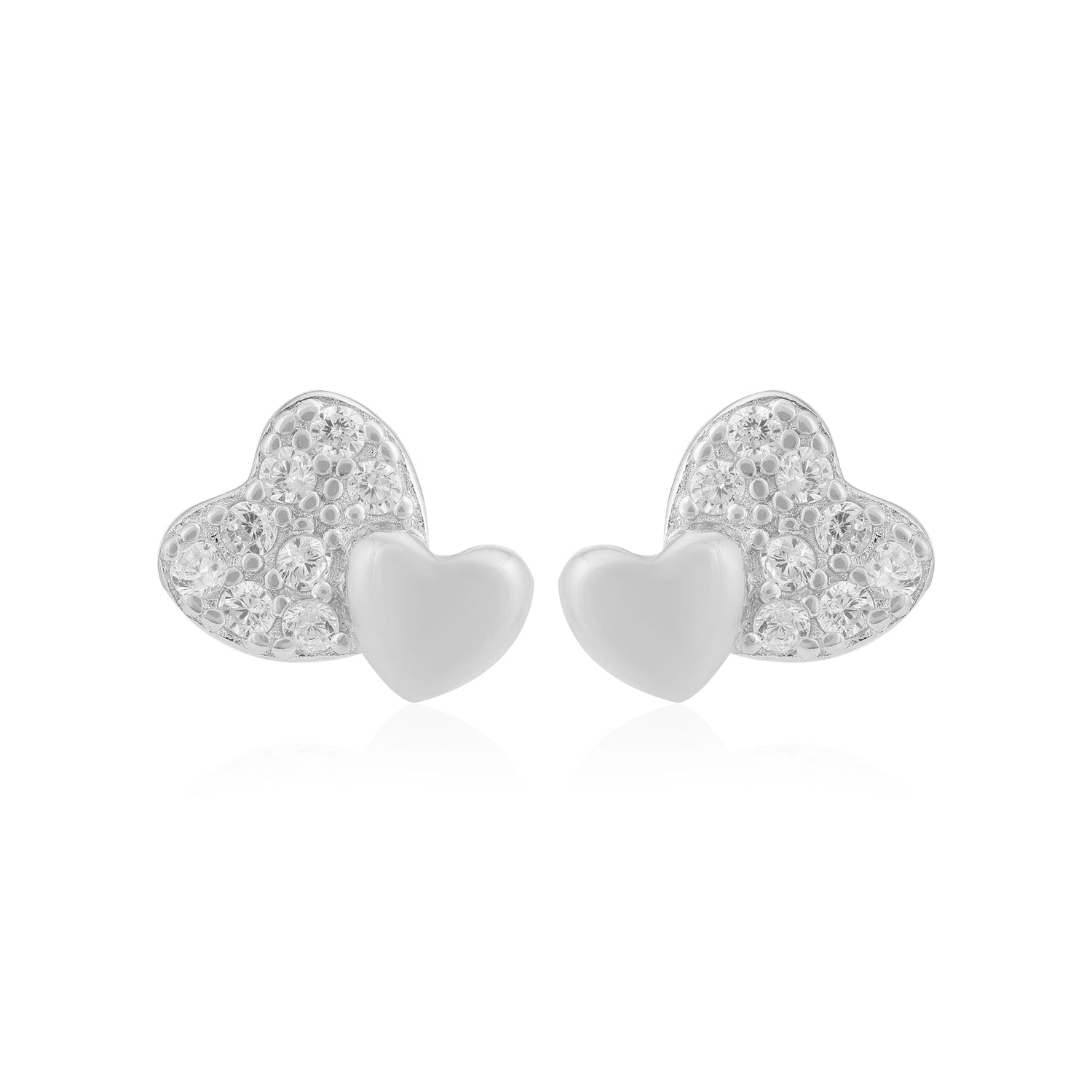 925 Duo Heart Rhodium Plated Stone Sleek Studs